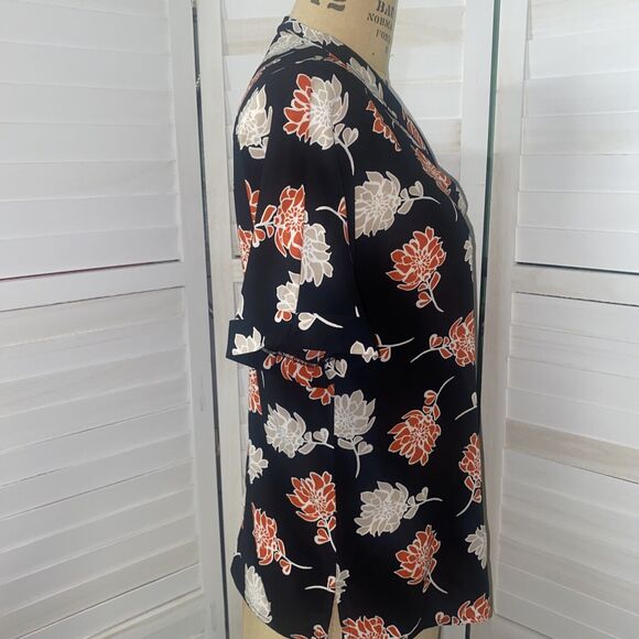Calvin Klein Blouse P Medium Black With Coral Cream Floral Print Polyester - Picture 3 of 6